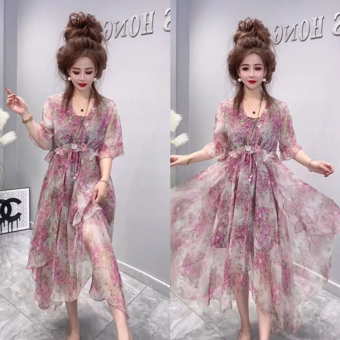 2024夏季新款印花时尚百搭洋气碎花长裙气质紫色长款连衣裙
