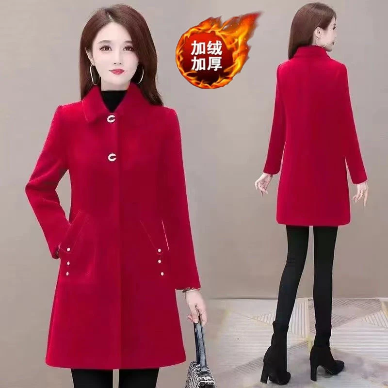 秋冬女洋气毛呢2023新款外套妈妈装大衣加绒保暖中老年中长款