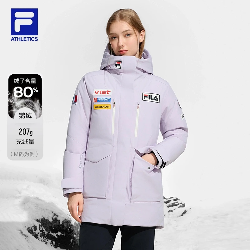 Fila/斐乐女士中长款羽绒服【鹅绒80%】加厚滑雪连帽服A11W446909F