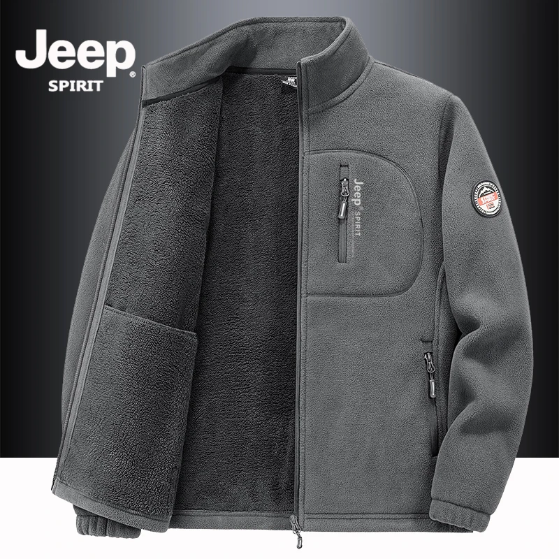 吉普摇粒绒外套男春秋季加厚大码双面绒保暖奥利绒立领户外抓绒衣