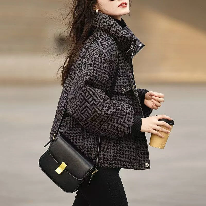 冬季新款时尚百搭气质千鸟格拼接小个子韩版立领加厚棉服外套603