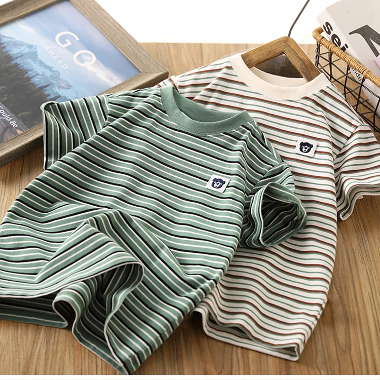 儿童t恤2024夏季新款条纹绣花圆领汗衫中大童童装男童半袖短袖