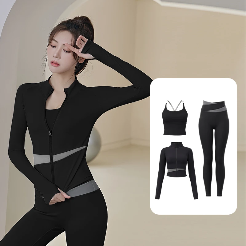 Kava Gie 三件套时尚气质外穿吊带瑜伽裤外套弹力显瘦运动套装女