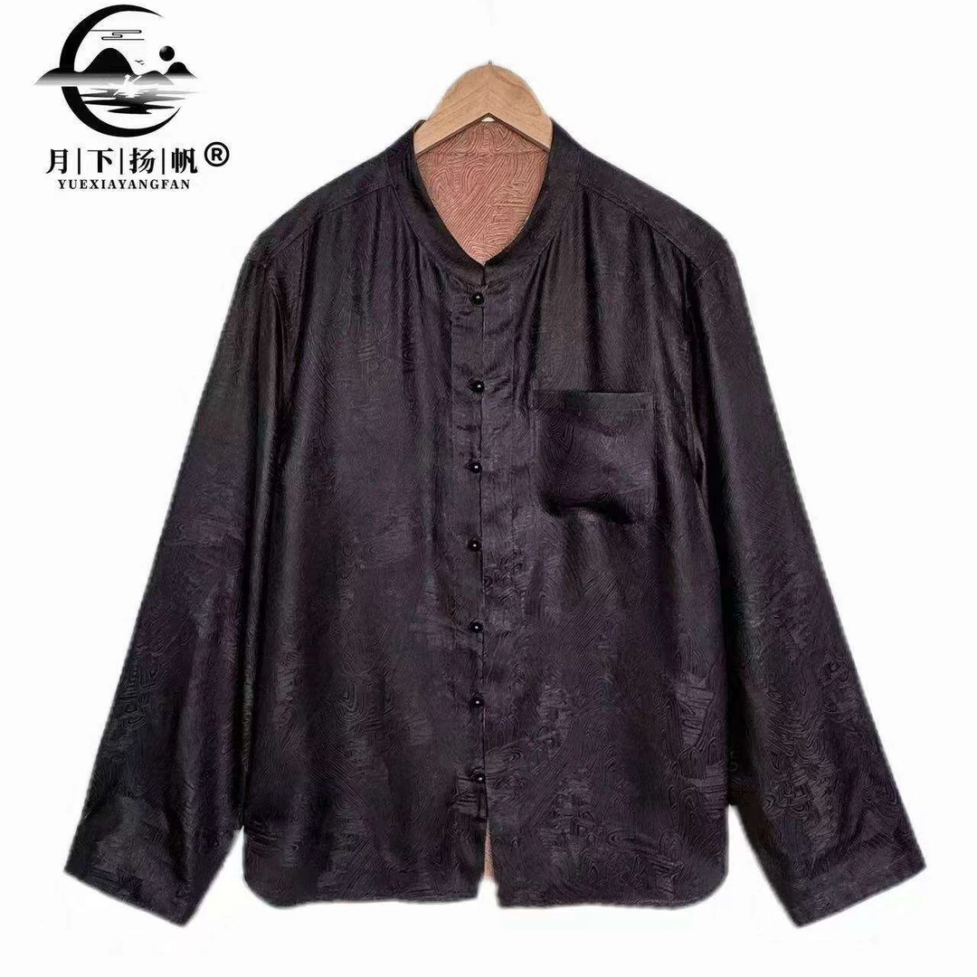 月下扬帆2485秋季香云纱锦绣山河100桑蚕丝长袖衬衫