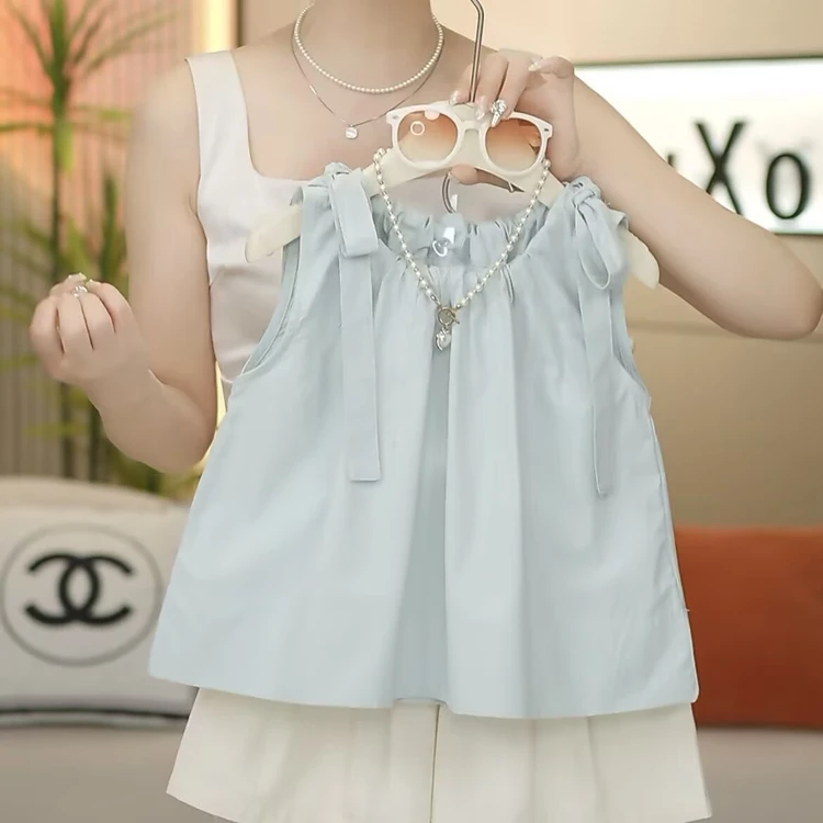 女童无袖套装2024夏季新款清新兰抽绳棉背心+米色短裤休闲两件套