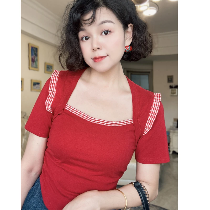 （港风上衣）设计感复古港风复古红色上衣气质百搭显瘦套头短款修身