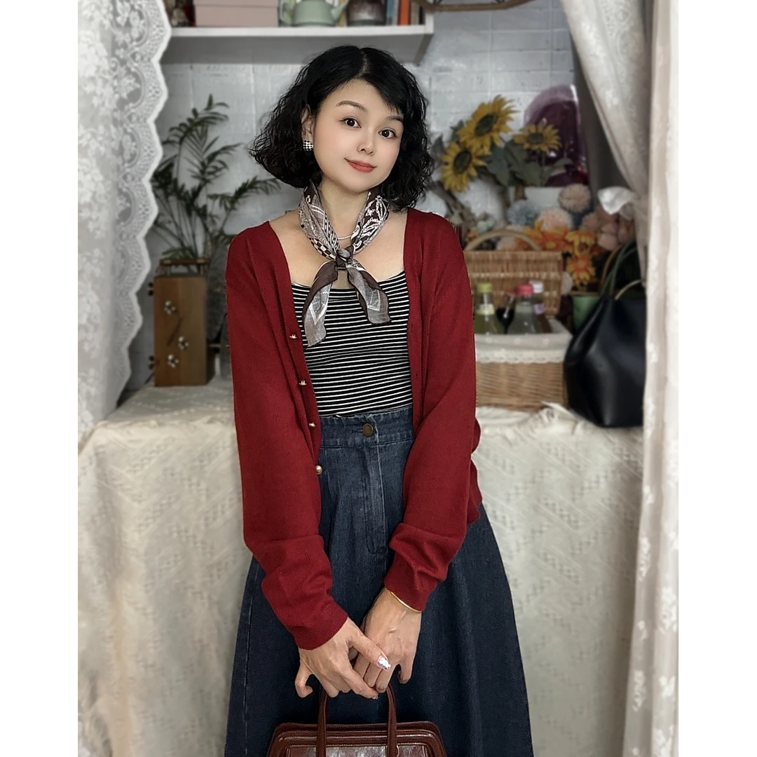 韩版秋季新款网红时尚百搭显瘦气质长袖小众针织打底开衫6865-1