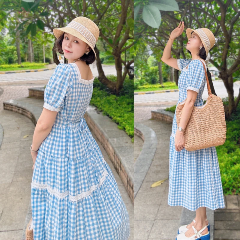 （海盐）法式复古方领蓝色格子连衣裙女2024夏季新款中长款收腰裙子