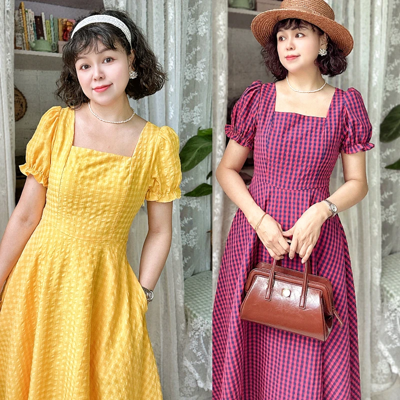 （小黄格）法式减龄夏季收腰显瘦时尚方领长款连衣裙修身遮肚小清新