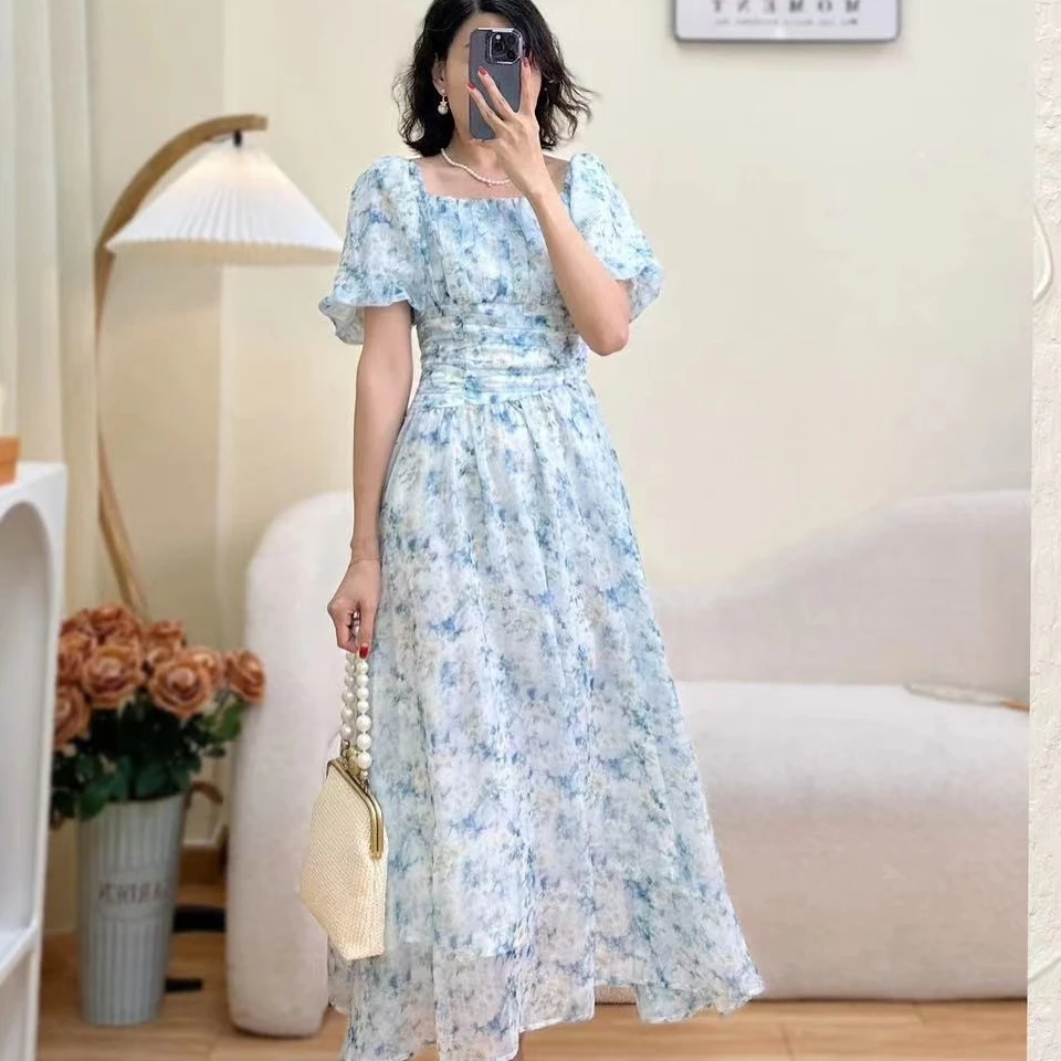 （青色等烟雨）新款法式优雅气质减龄碎花连衣裙泡泡袖方领裙