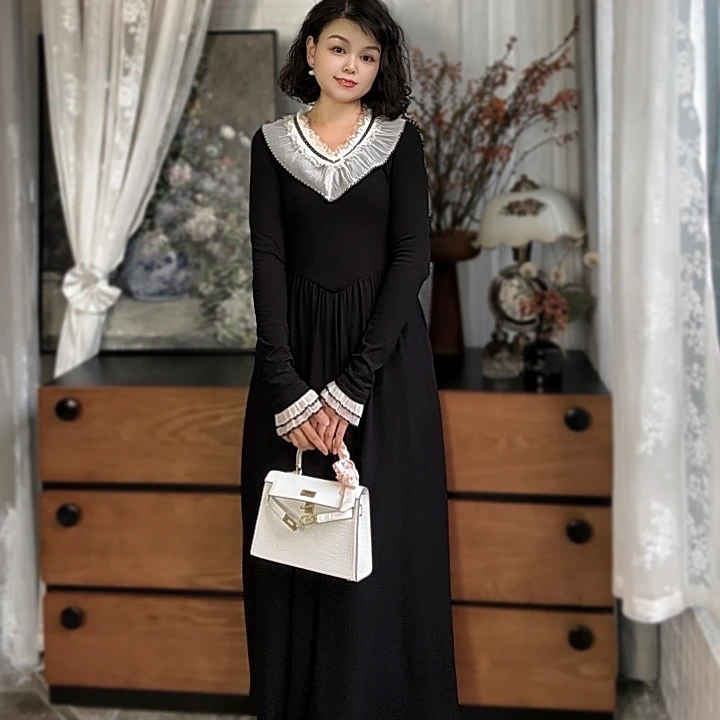 辛娅自制法式复古荷叶边V领针织连衣裙高腰显瘦显高秋冬内搭裙子