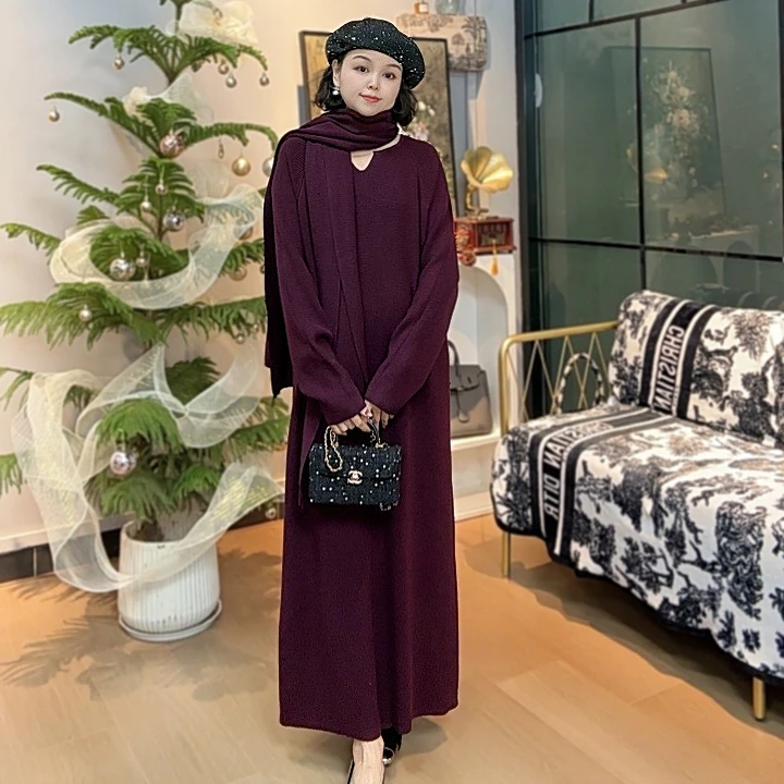 法式V领针织连衣裙女宽松直筒显瘦时尚长裙子气质百搭复古13112