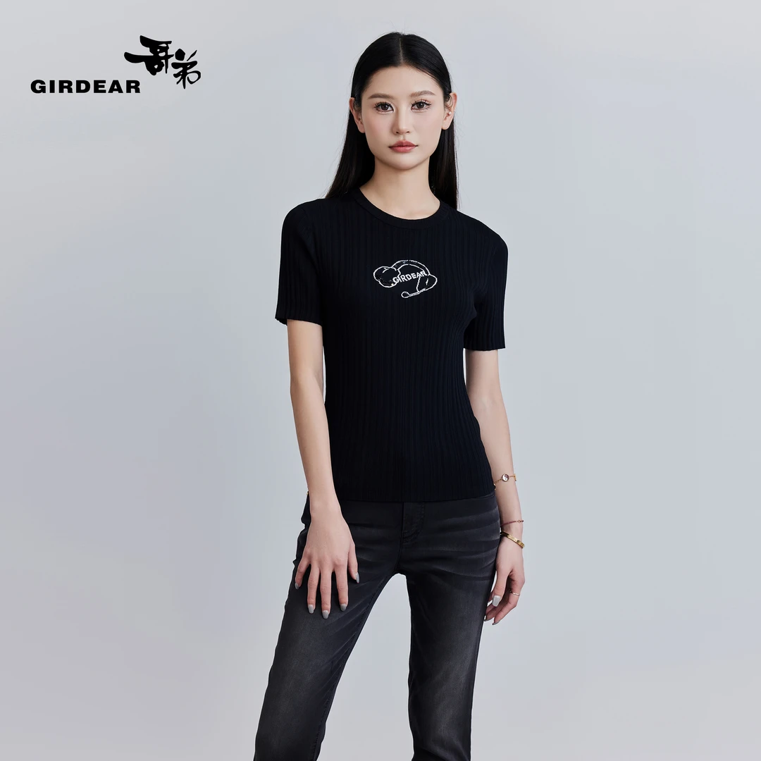 GIRDEAR/哥弟新款气质百搭显瘦经典圆领罗纹冰丝针织短袖1399716-