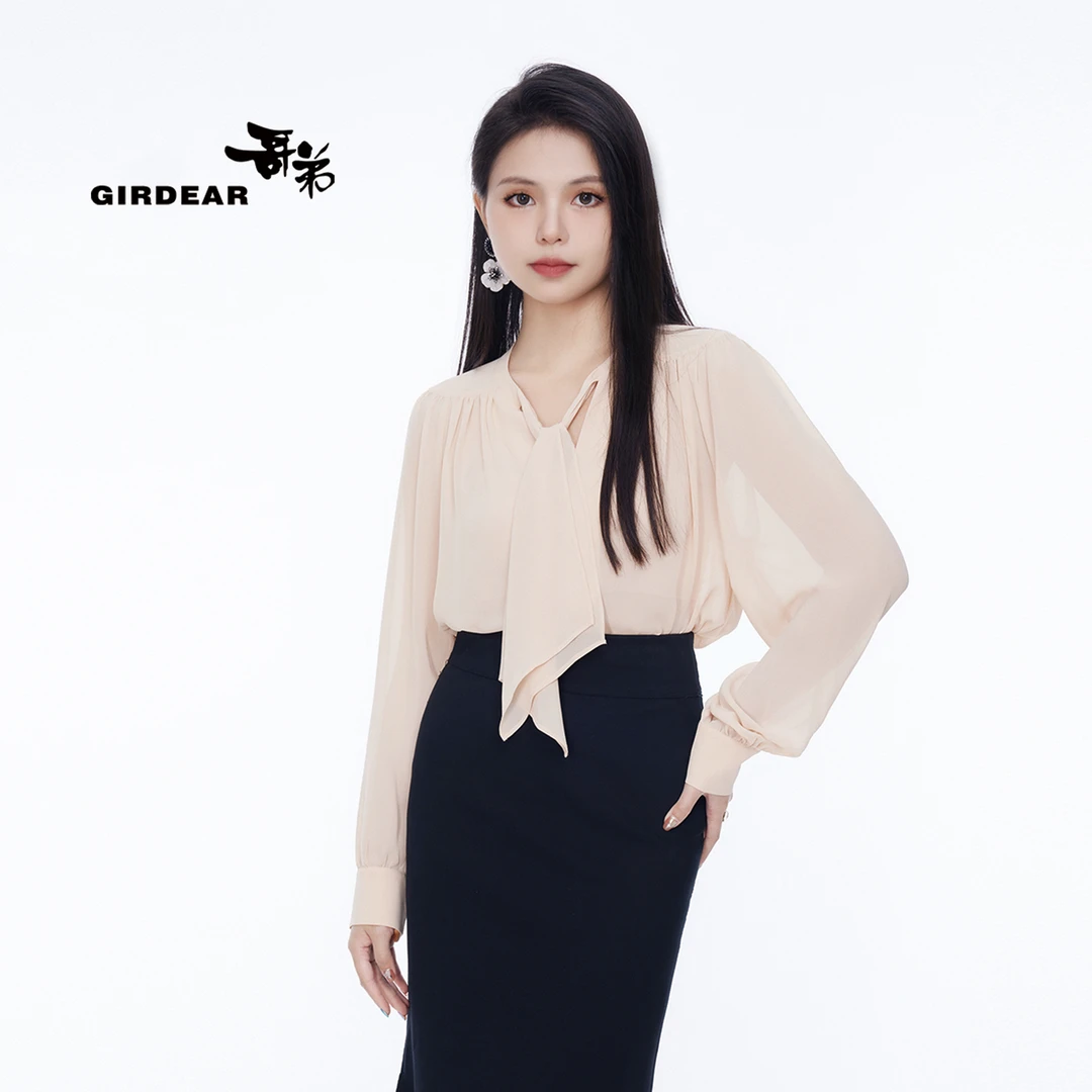 GIRDEAR/哥弟气质时尚显瘦法式系带纯色长袖衬衫1300730-1012673-