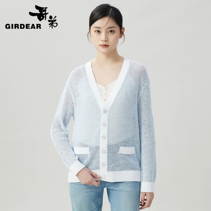 GIRDEAR/哥弟清水蓝早秋镂空拼接气质针织开衫1499196-1T47162-