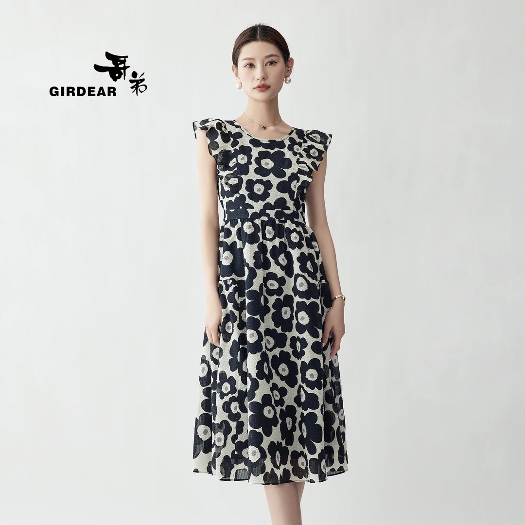GIRDEAR/哥弟荷叶无袖肌理印花显瘦中长款连衣裙1500480-2A27621