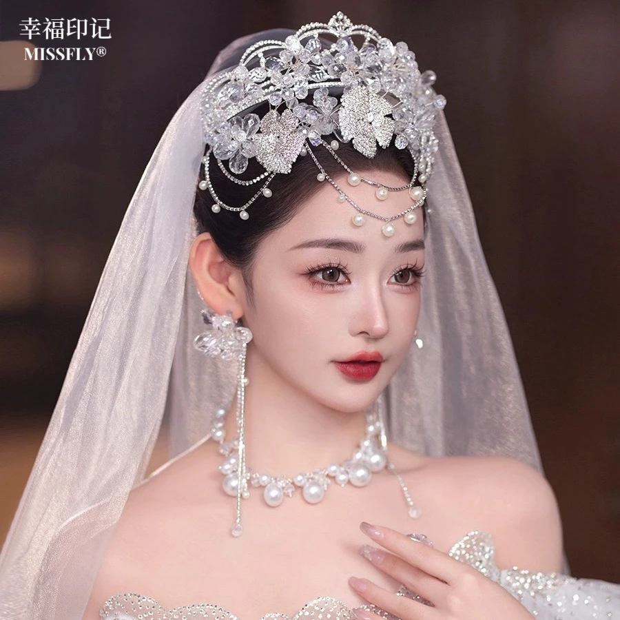 新娘主婚纱皇冠头饰奢华水晶水钻双层王冠发饰白纱配饰品高端婚礼