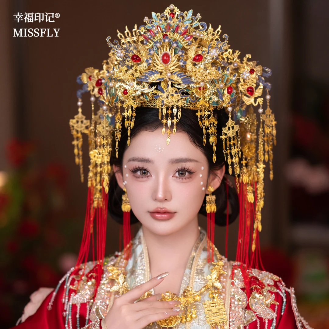 中式新娘汉服婚礼奢华整环大凤冠头饰金红色秀禾龙凤褂发饰大气