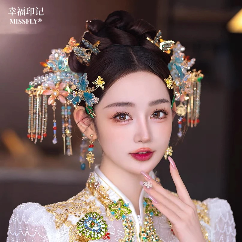 新娘新中式古风发饰蓝色蝴蝶流苏发簪古典晨袍旗袍汉服配饰品步摇