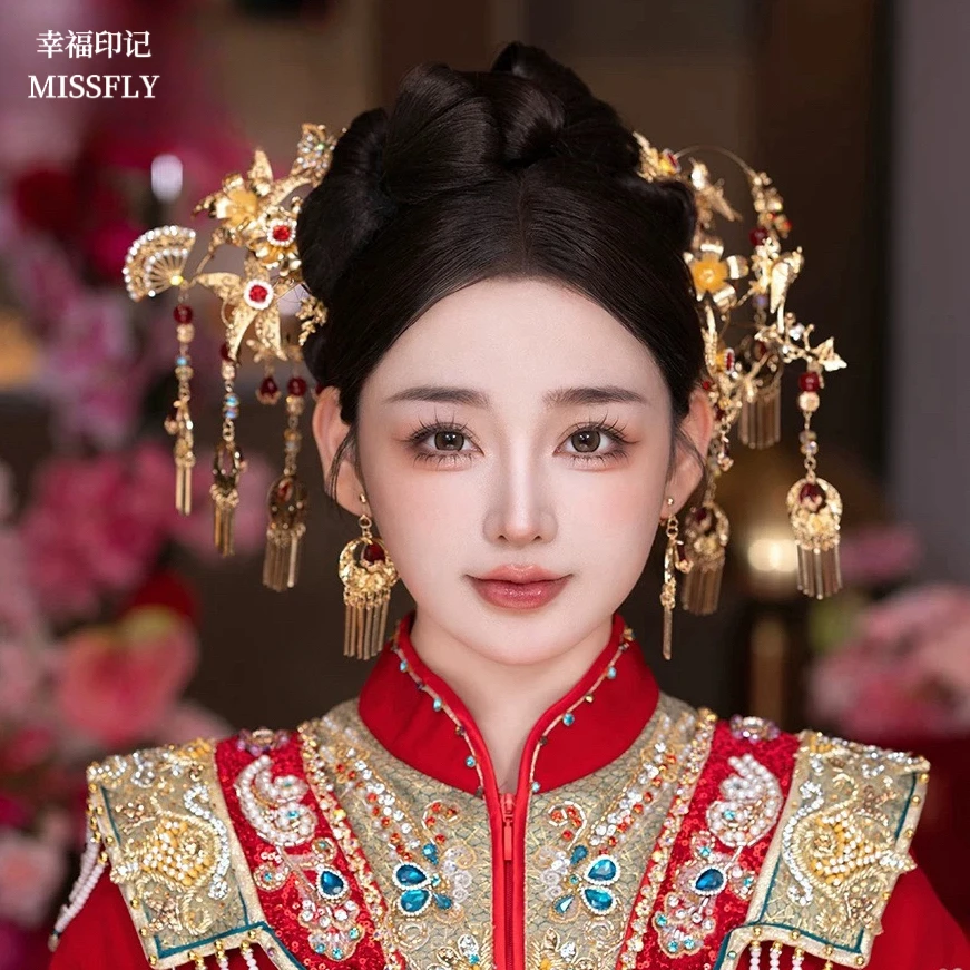 金色龙凤褂头饰新中式婚礼新娘晨袍秀禾服发饰旗袍簪子简约凤钗
