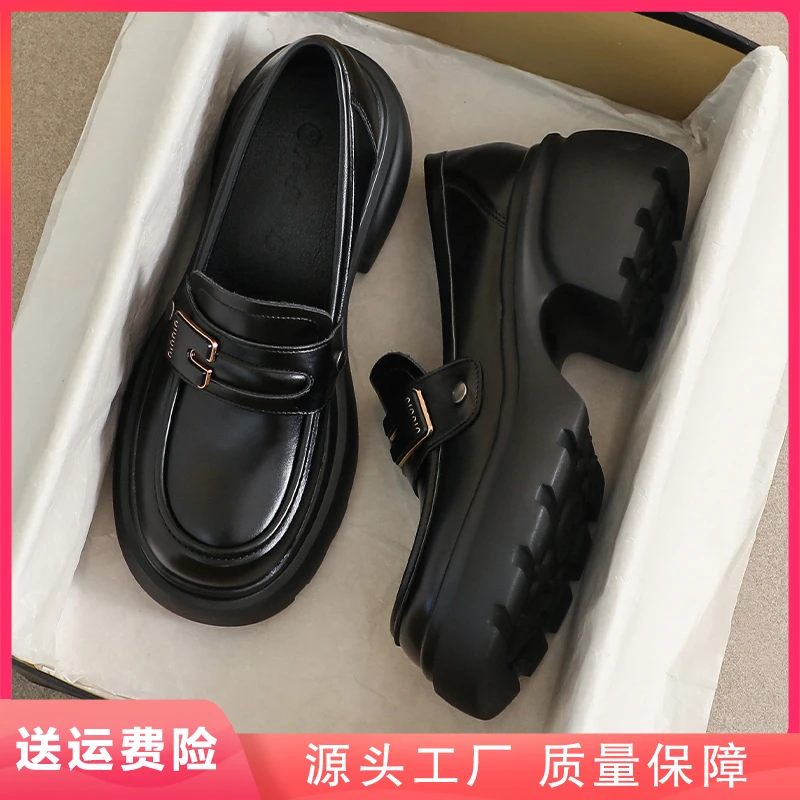 真皮小皮鞋女高跟春季英伦风增高黑色33工作34码百搭乐福厚底单鞋