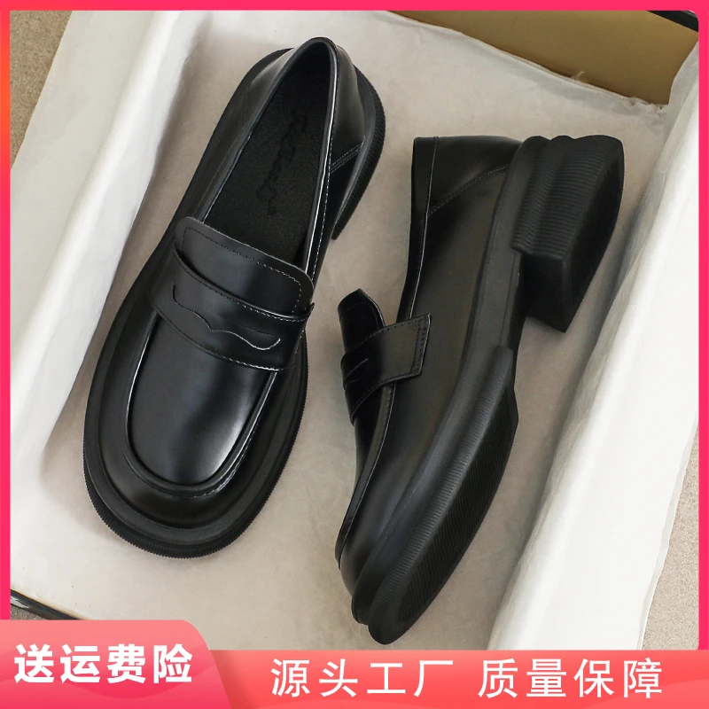 真皮小皮鞋女2024新款春夏英伦风黑色大码41厚底乐福配裙子43鞋子