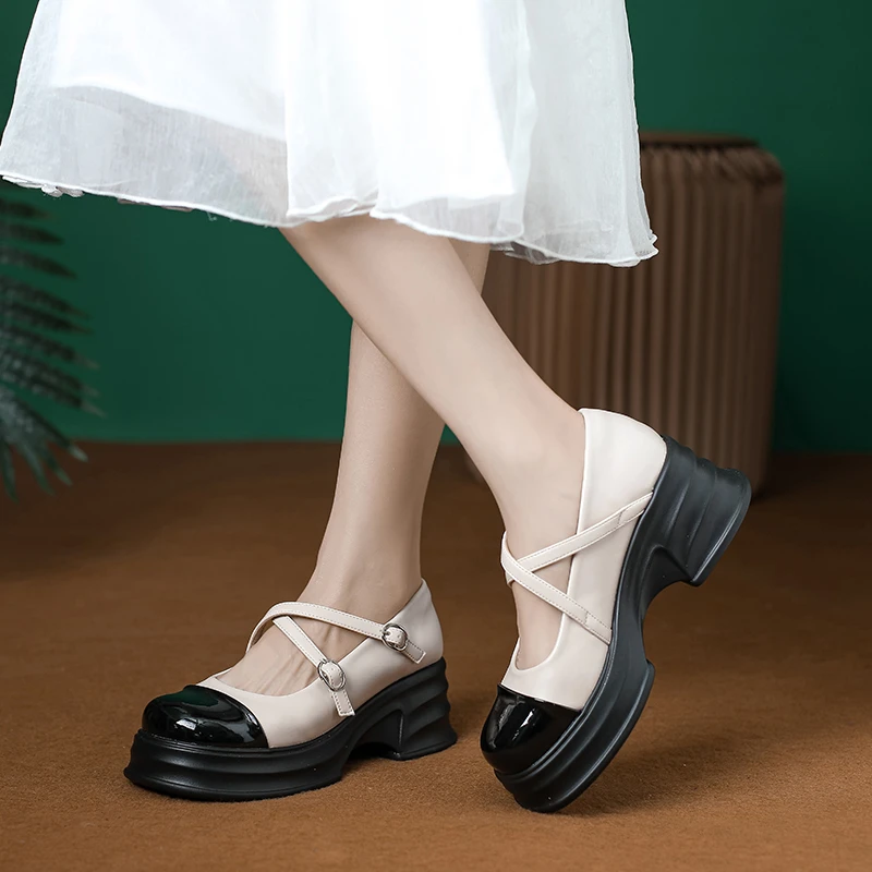 【直播2808-2】撞色单鞋复古法式玛丽珍鞋粗跟高跟方头女鞋