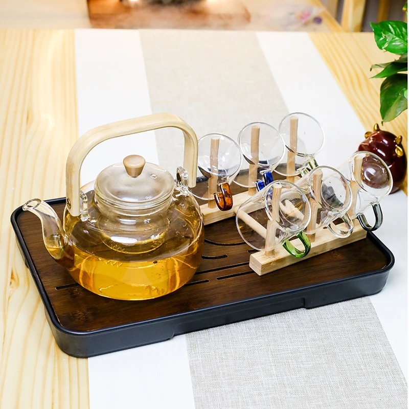 900ml木把提梁壶+6色小彩杯+杯架
