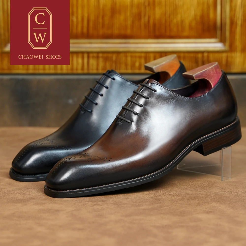 男士手工鞋一片式牛津鞋男士英伦风牛皮雕花商务皮鞋黑色新郎婚鞋