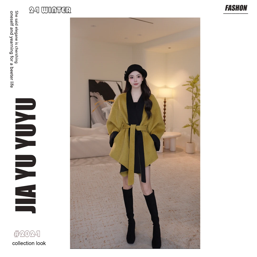 【佳瑜yuyu】中长款双面双穿时尚毛呢宽松韩版外套-28D214