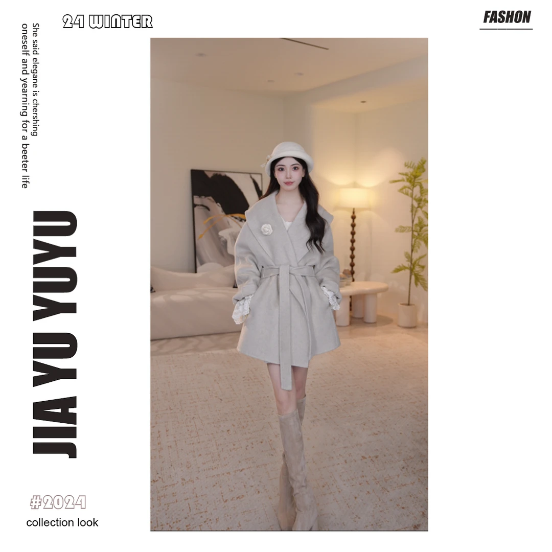 【佳瑜】倾世佳人 双面羊毛女秋冬浴袍款毛呢外套28D190