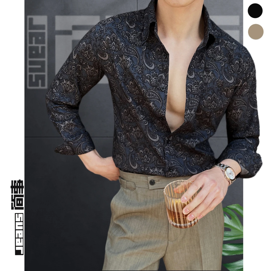 男士轻奢印花长袖衬衫痞帅高级感潮流修身帅气韩版雅痞衬衣男上衣