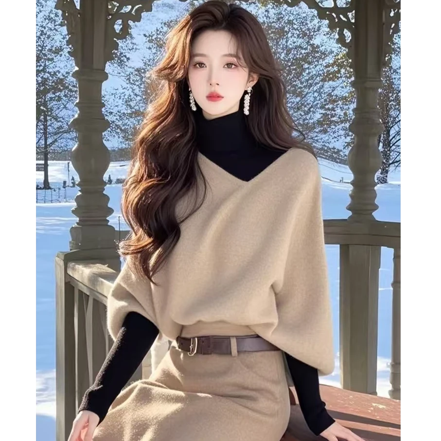 2025冬季穿搭三件套气质名媛女装洋气燕麦色三件套针织上衣裙套装