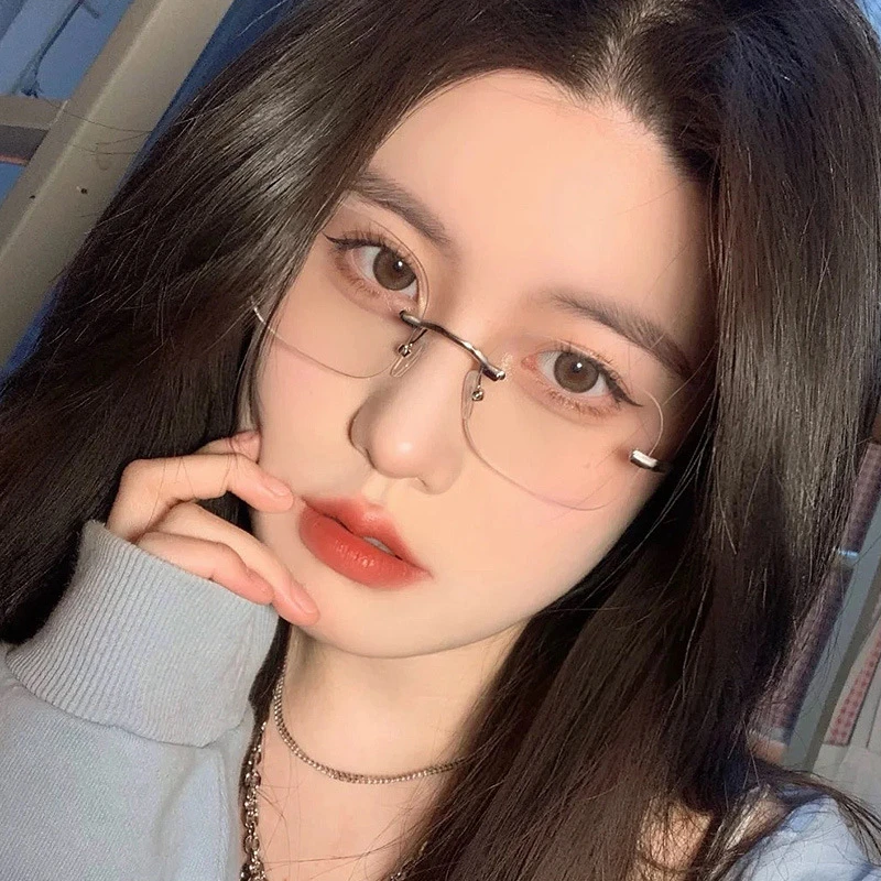 无框近视眼镜框女款可配度数防蓝光大框平光镜显瘦纯欲眼睛框镜架