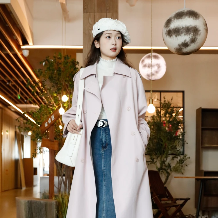 西町村屋外套女2023秋翻领收腰系带长款气质感简约风衣HC8201298