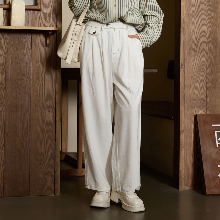 西町村屋宽松哈伦裤女2024春装新款文艺明线结构感裤子HA9301001