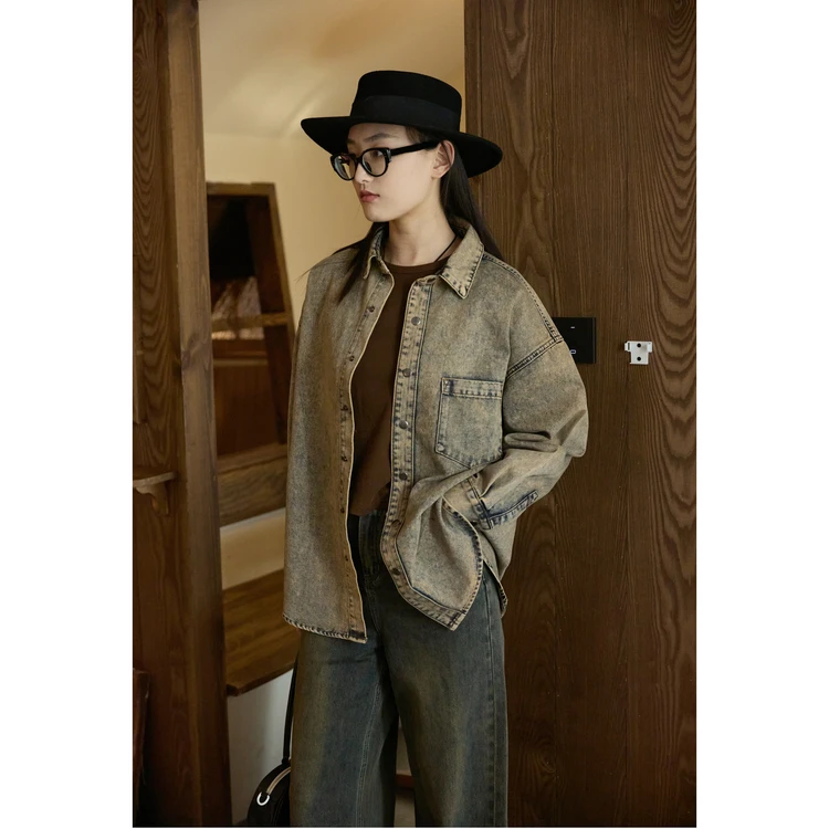 【西町村屋】L美式牛仔外套女春装新款复古水洗中长上衣AA9219014