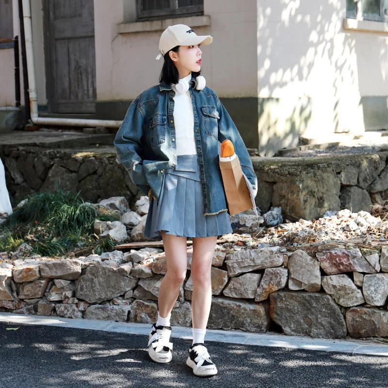 【专场PO价】西町村屋学院感翻领排扣短款裙百褶裙HA8401002