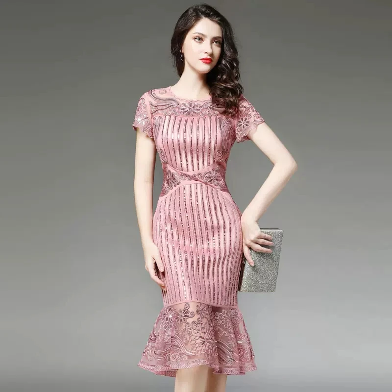 2024夏季婚礼妈妈礼服喜婆婆婚宴装高贵刺绣短袖中长款鱼尾性感