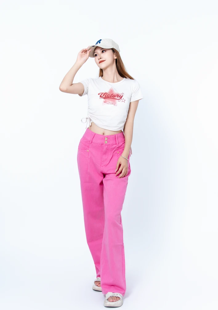 2025春夏季新款玫红色赛洛纺牛仔裤显瘦时尚百宽松直筒牛仔拖地裤