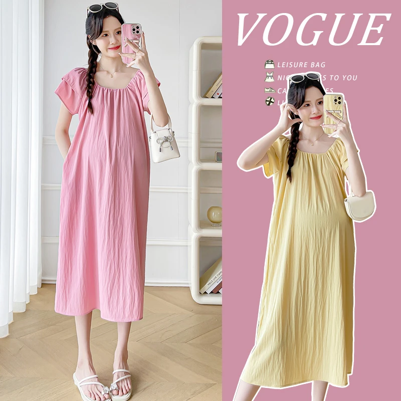 孕妇2024夏季外穿连衣裙显瘦中长款宽松外出洋气潮妈孕妇装裙子