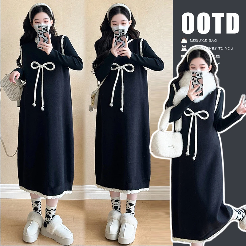 孕妇2024秋冬套装韩版加厚打底+蝴蝶结加厚毛衣背心裙两件套过膝