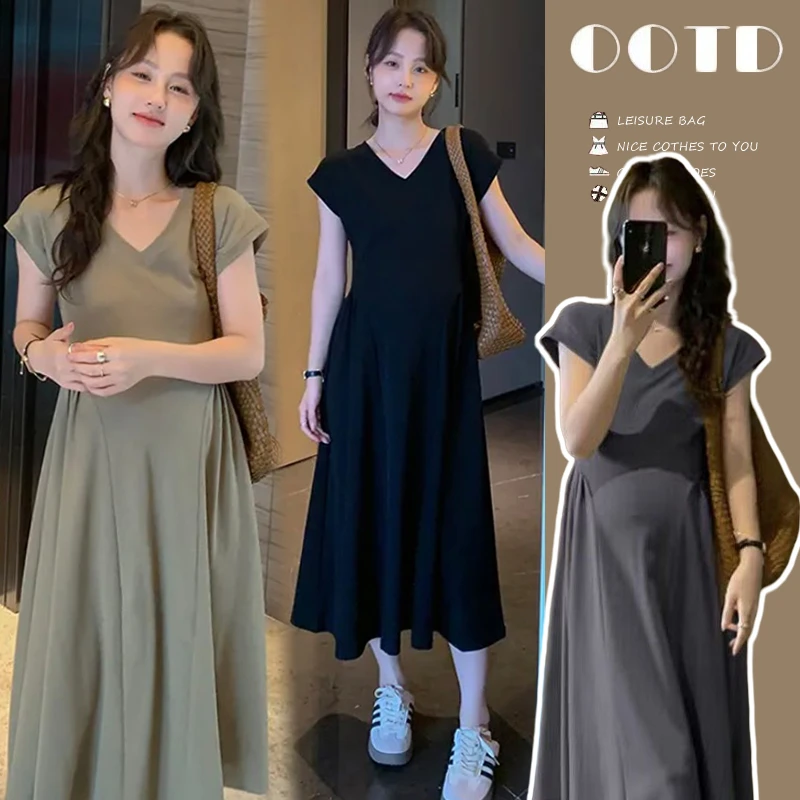孕妇夏装连衣裙2024年新款短袖v领休闲宽松中长款t恤过膝长裙夏