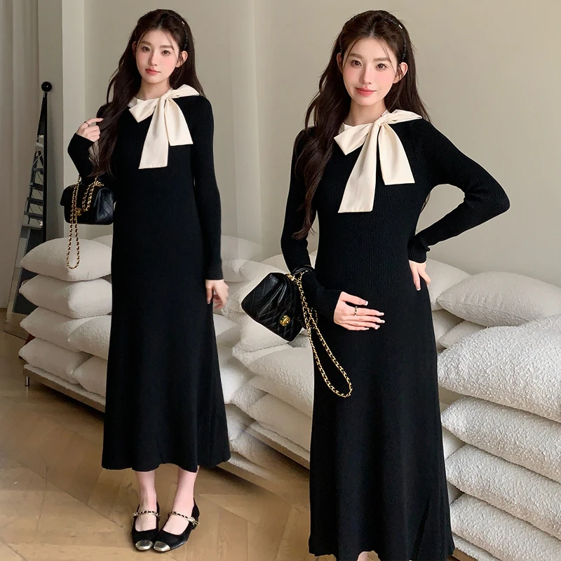 孕妇2025早春新款时尚韩版宽松蝴蝶结加厚黑色针织毛衣打底连衣裙