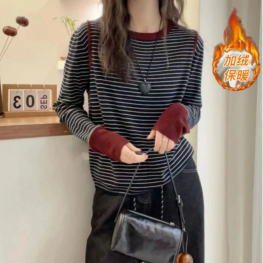 加绒保暖-外贸品质长袖T恤女设计感撞色百搭显瘦打底衫女搭24200