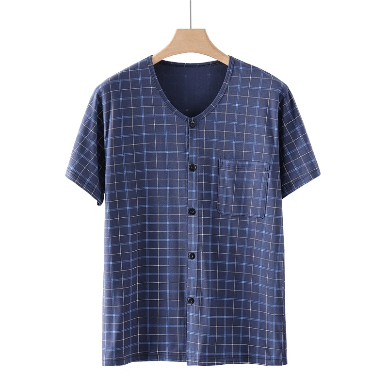 夏季薄款针织棉圆领系扣短袖背心加肥格子休闲半袖汗衫家居服大码