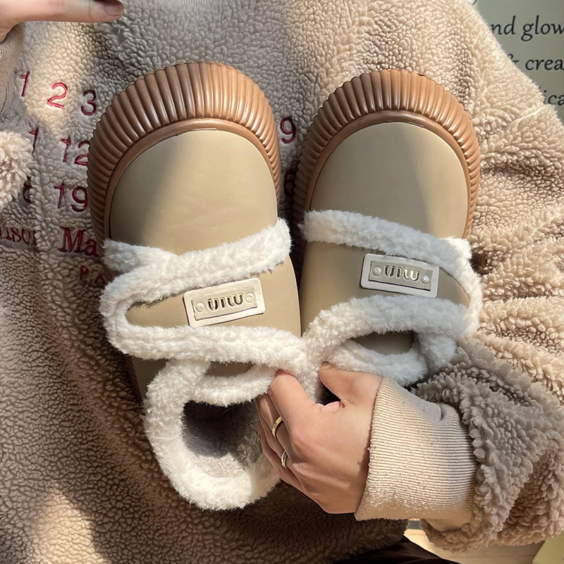 棉拖鞋女士2024新款百搭冬季厚底加绒保暖魔术贴加厚时尚休闲棉鞋