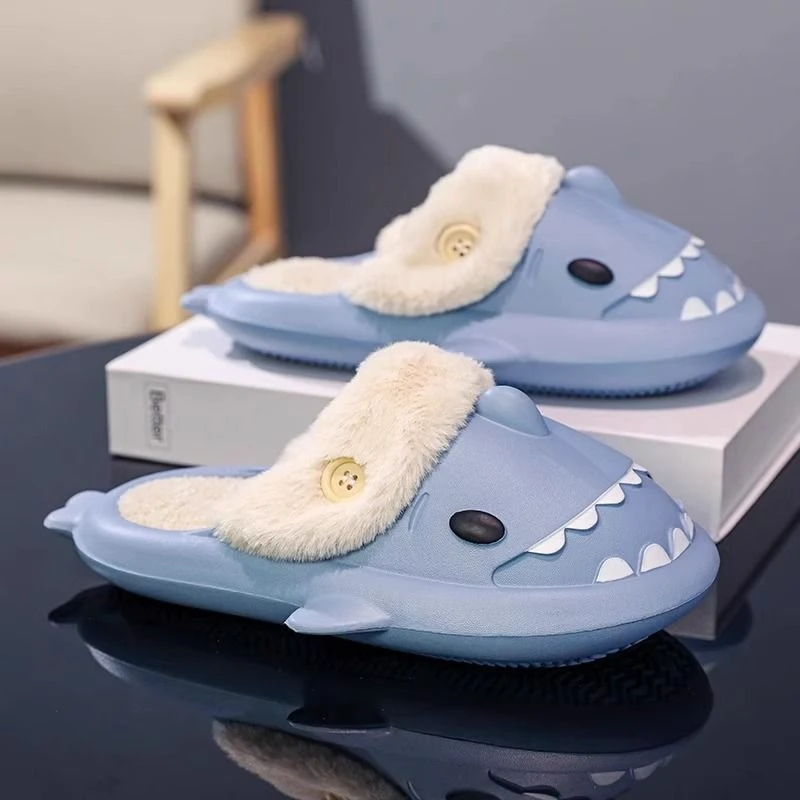鲨鱼棉拖鞋女秋冬季新款情侣外穿保暖加绒可拆卸防滑室内厚底棉鞋