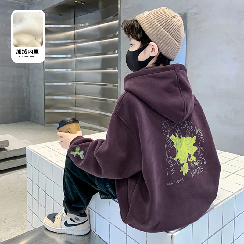 儿童装男童冬装加绒连帽卫衣2025新款秋冬款大童男孩冬季加厚上衣