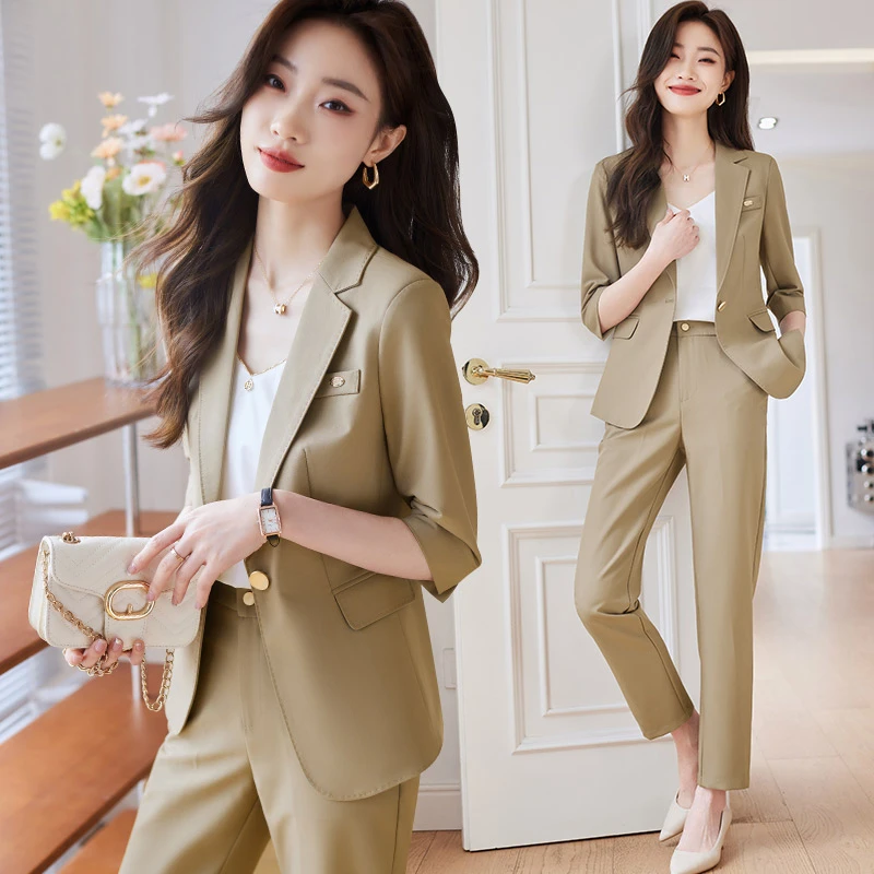 七分袖西装外套女夏季新款高级感时尚气质职业装中袖西服套裤6026